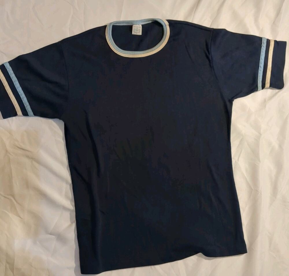 Rare 70s 80s Ringer Shirt Kmart Permanent Press Navy Blue Men's Size L Vintage
